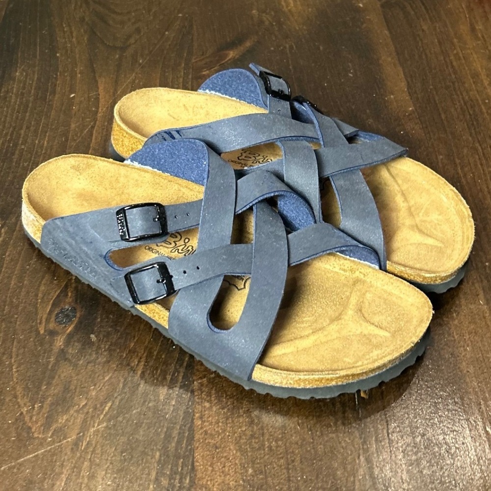 Birkenstock Sandals W10 M8 Blue Strappy Slide Comfort Orthopedic Boho Casual